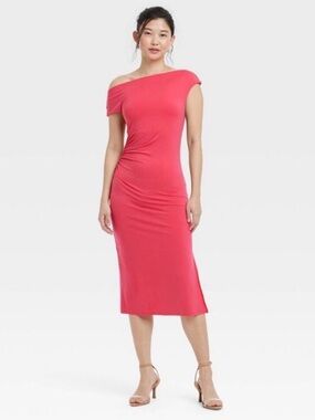 NWT Off-Shoulder Watermelon Pink Midi Dress Ruching Day 2 Night Sz XL Romantic
